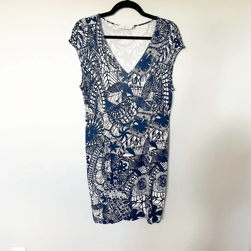 Tory Burch Blue Baltic Sea Dream Catcher Viscose V Neck Women's Cap Sleeve dress